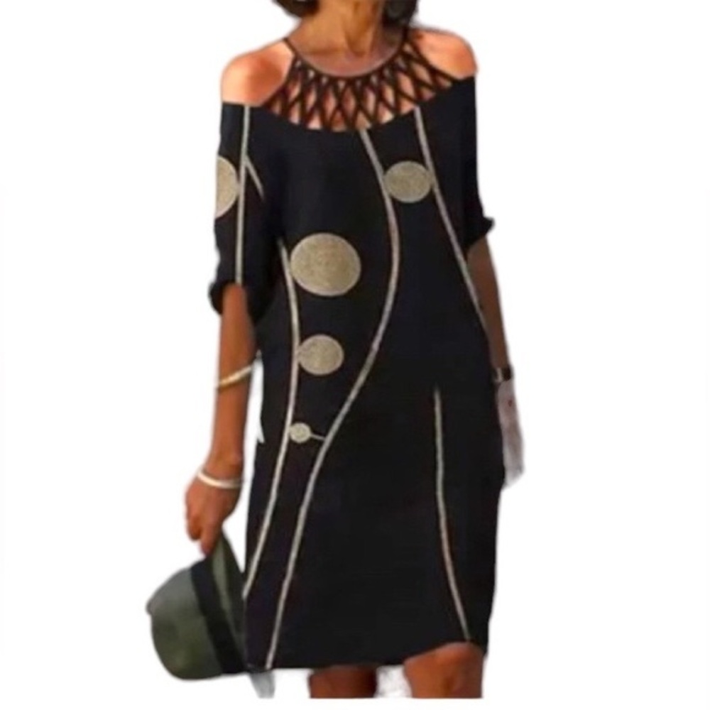 Airydress Tunic Shift Dress NWOT  Open Weave  Neckline Geometric Print